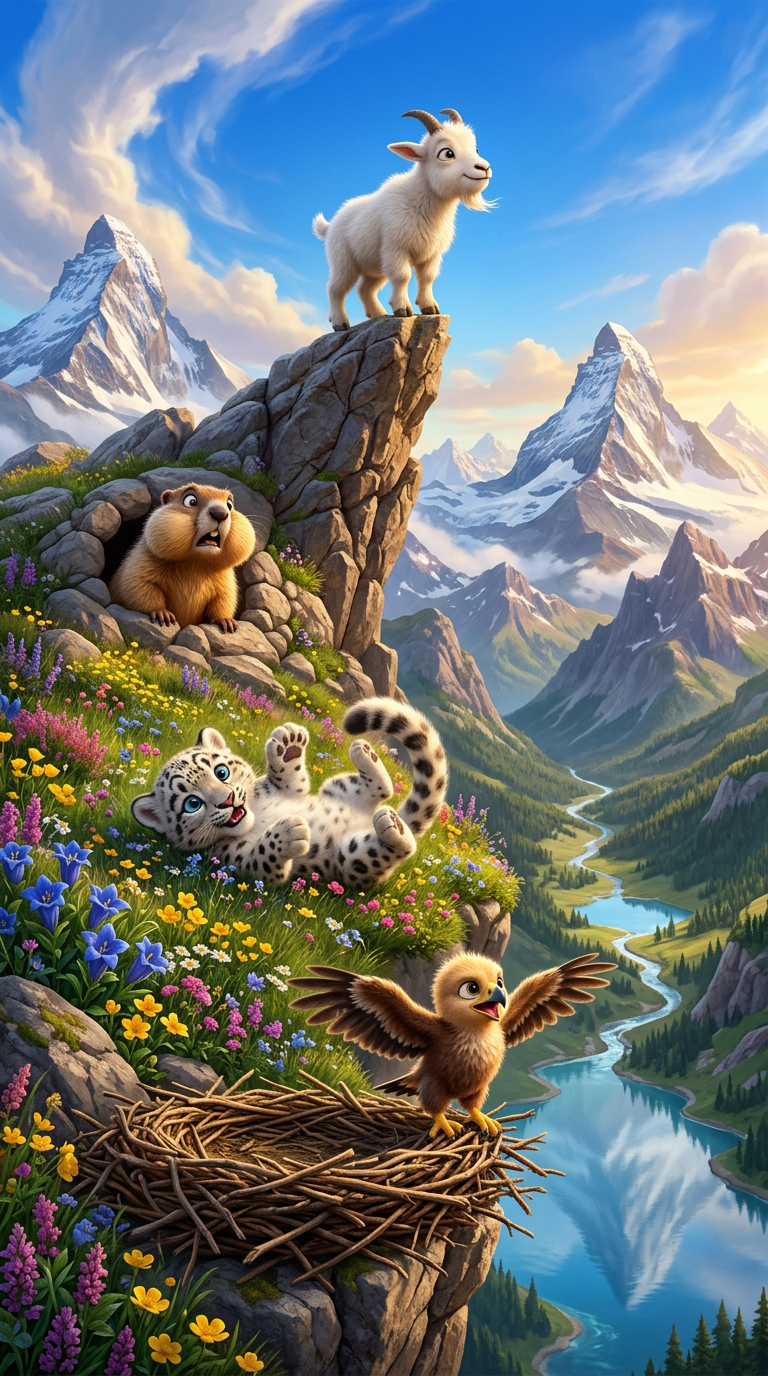 Alpine scene with goat and snow leopard